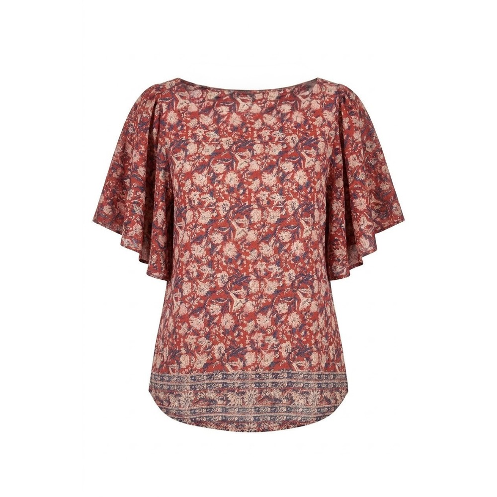 Lucky Brand Red Floral Flutter Angel Sleeve Keyhole Back Boho Blouse Small